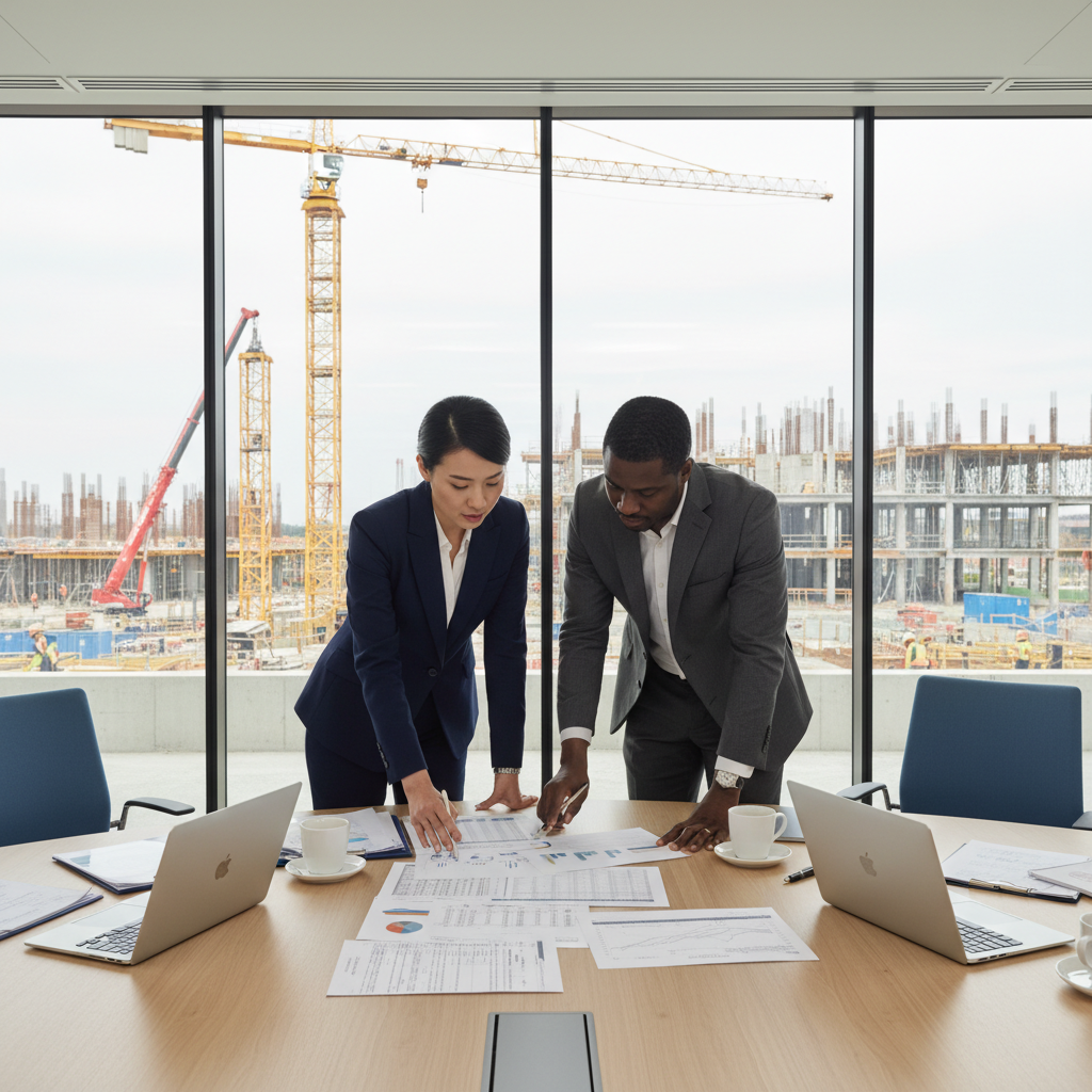 Business leaders collaborating over financial reports in a modern boardroom, representing best practices in enterprise data-driven decision making.