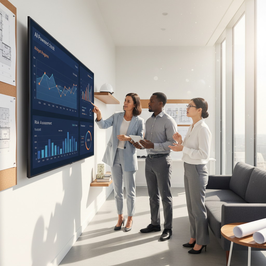 Modern enterprise team reviewing AI-powered dashboards in a bright office, representing the digital transformation of ERP data access and business intelligence.