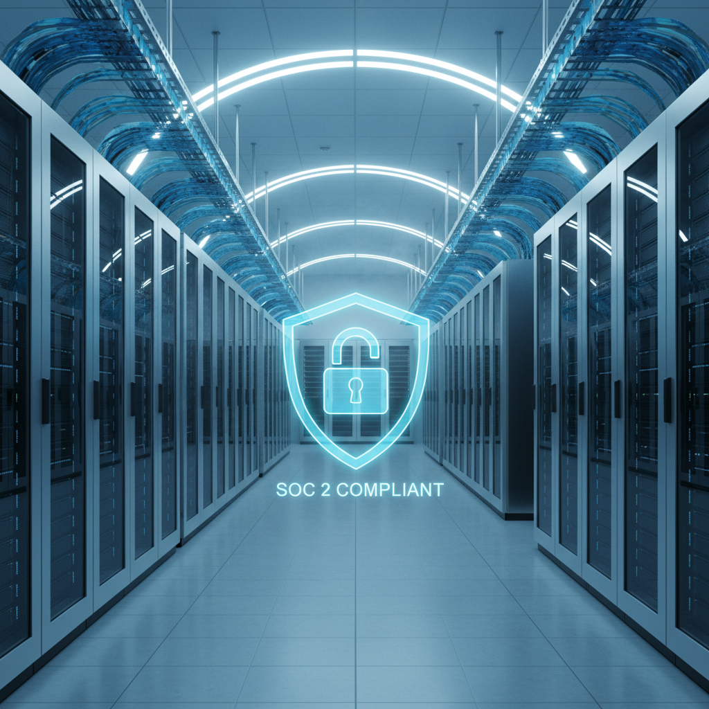 Secure data center with server racks and digital lock overlay, professional IT environment representing SOC 2 compliance and enterprise-grade data protection.