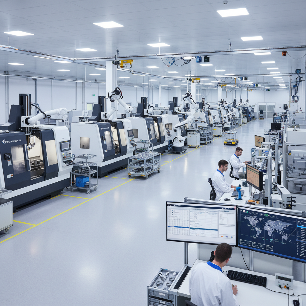 Modern manufacturing facility floor with precision equipment and quality control stations, representing the complex operations and multi-entity management enabled by AskERP.